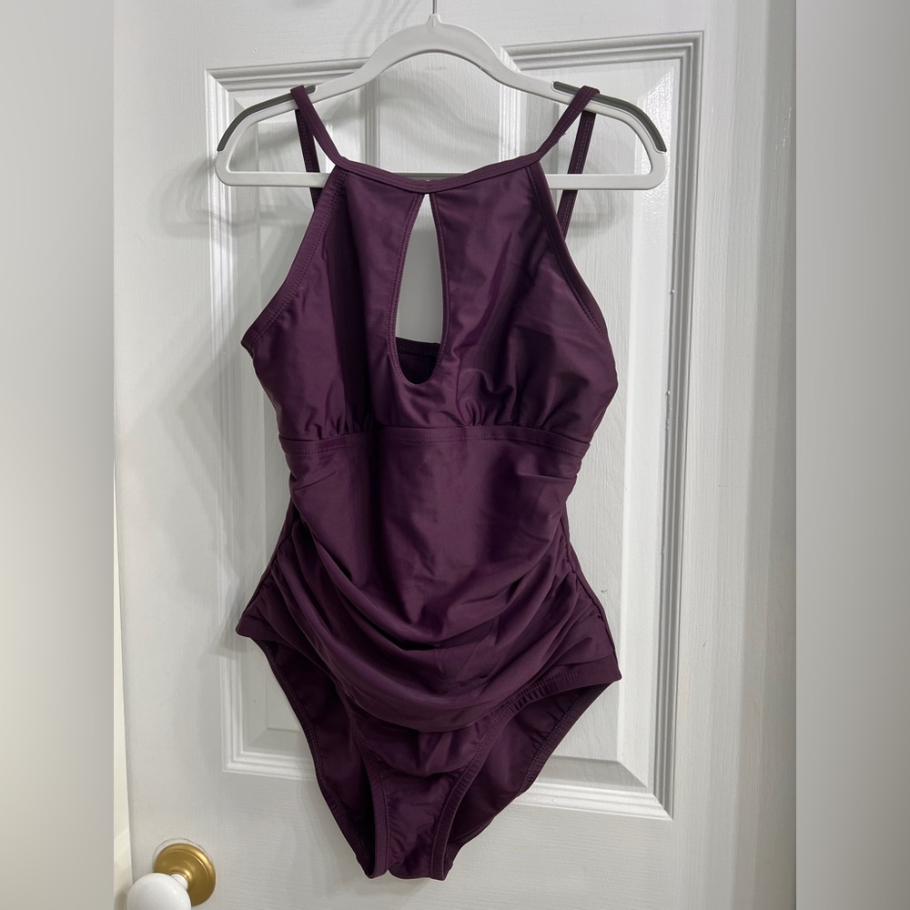 Ellen Tracy Swimsuit, Purple, High Neck, Keyhole, Tummy Control, Size 6